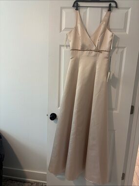 Champagne Satin Evening Dress with Beaded Waist